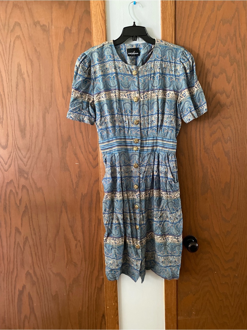 VTG Blue Paisley gold Button down Dress